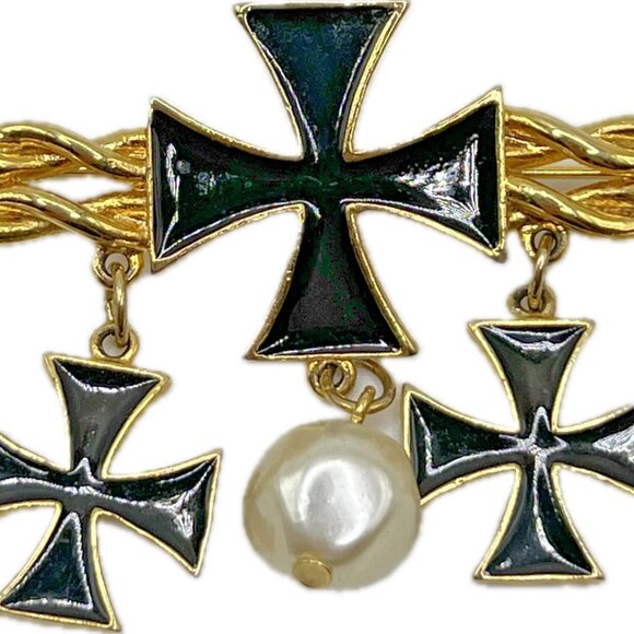 Vintage Black Enamel Cross Imitation Dangling Pearls Bar Brooch Costume Jewelry - Picture 9 of 9